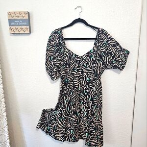 Black and Green Puff Sleeve Mini Sundress